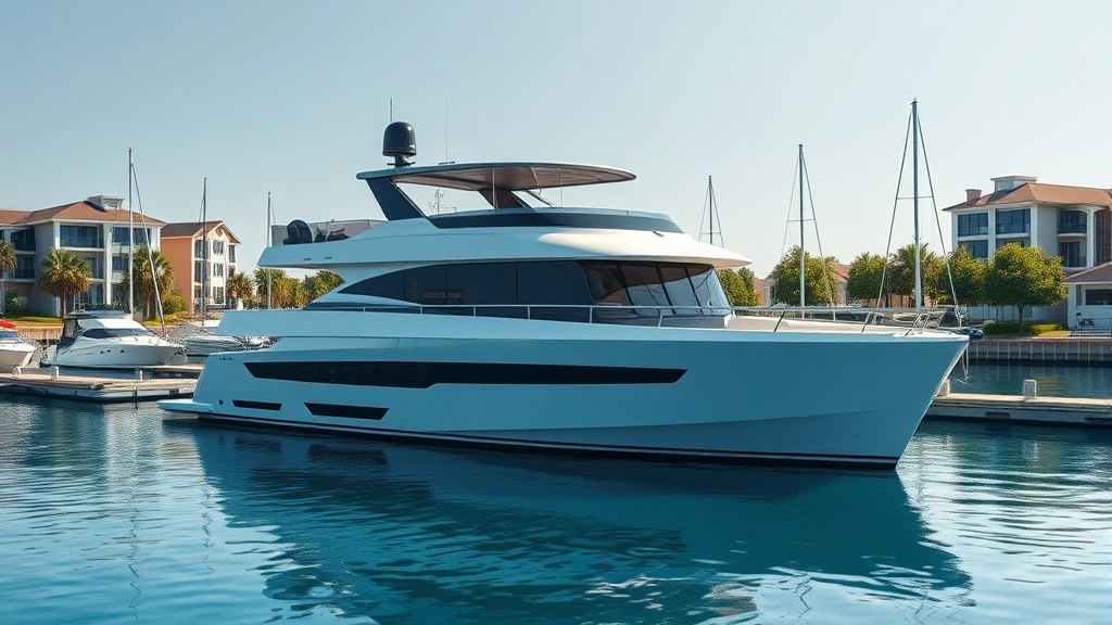 Professional photorealistic image of a modern luxury houseboat moored at a pristine marina with calm blue water, surrounding waterfront buildings and trees, daytime with natural lighting, wide-angle perspective showing the full vessel and surrounding environment