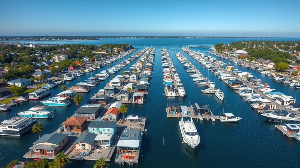 Wide photorealistic aerial or waterfront view of a diverse houseboat community with multiple vessels moored in organized rows, waterfront homes and trees visible, clear blue water, bright daylight, showing the scale and scope of modern liveaboard communities