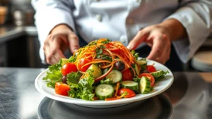 Professional chef plating a colorful house salad with mixed greens, cherry tomatoes, cucumbers, and shredded carrots on a white plate, hands visible, restaurant kitchen background, natural lighting highlighting fresh produce vibrant colors