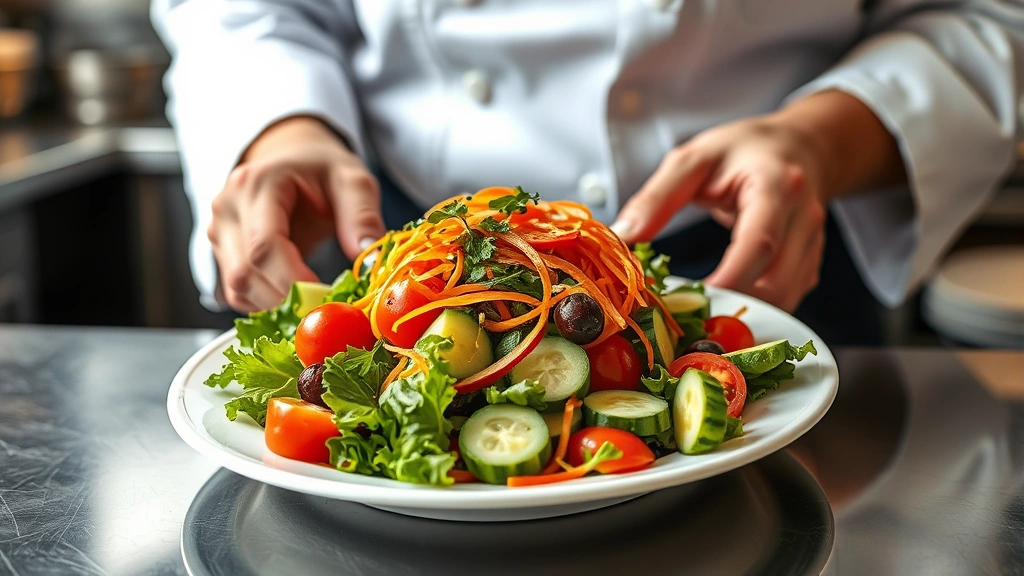 Professional chef plating a colorful house salad with mixed greens, cherry tomatoes, cucumbers, and shredded carrots on a white plate, hands visible, restaurant kitchen background, natural lighting highlighting fresh produce vibrant colors