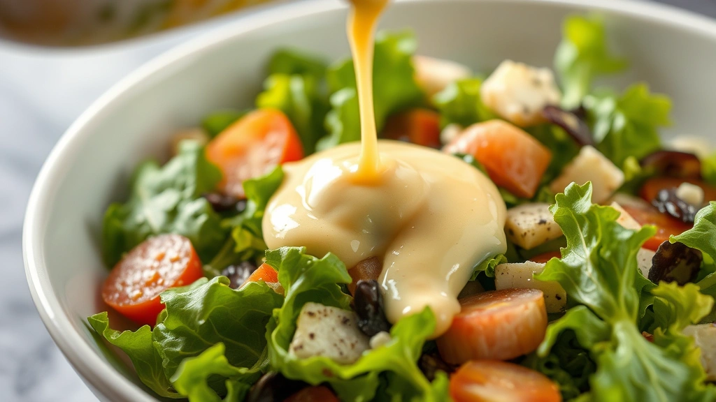 Close-up of creamy vinaigrette being drizzled over fresh mixed greens in a salad bowl, professional plating presentation, gourmet restaurant quality, focusing on dressing coating the vegetables evenly