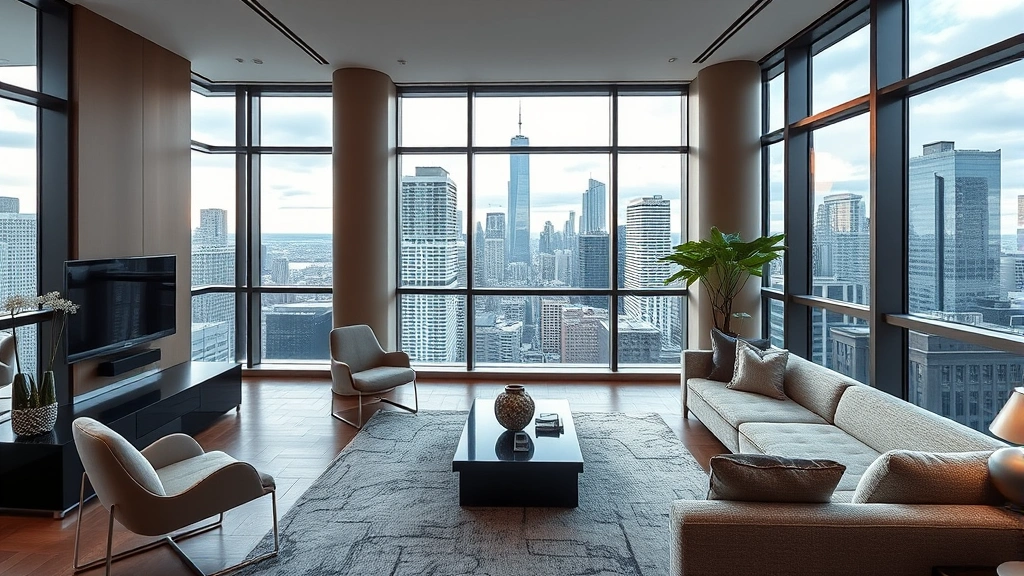 Modern luxury Chicago penthouse interior with floor-to-ceiling windows overlooking downtown skyline, contemporary furniture, professional real estate photography