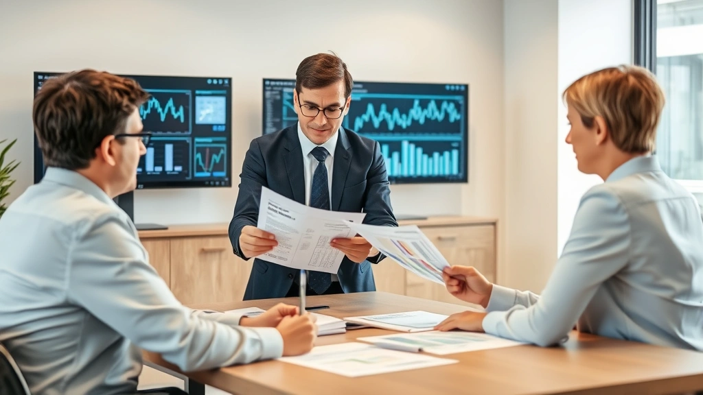 Professional real estate agent reviewing property documents and market analysis with clients in modern office setting, data charts visible on monitors