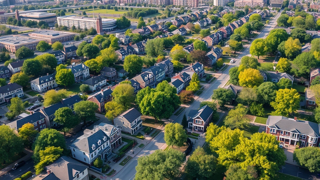 Aerial drone photograph of Chicago neighborhood showing diverse residential architecture, tree-lined streets, and parks, vibrant urban landscape
