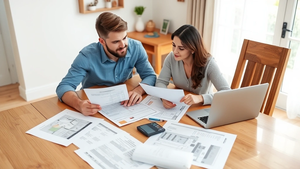 Young couple reviewing property inspection report and renovation cost estimates at dining table with laptop, calculator, and architectural plans scattered around, collaborative planning atmosphere