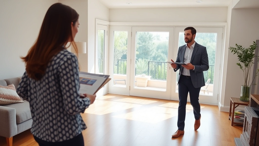 Real estate agent showing affordable residential property to interested buyers, walking through living room with hardwood floors and natural windows, professional presentation environment