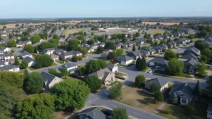 Wide aerial view of a suburban neighborhood with modest single-family homes, tree-lined streets, and visible new construction in background, natural daylight, establishing shot of residential community