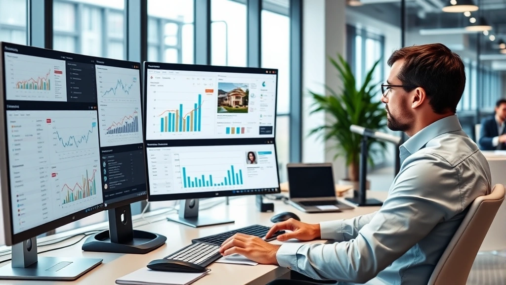 Real estate professional analyzing market data and property listings on multiple computer monitors in modern office environment, showing charts and graphs