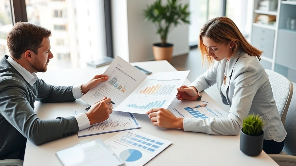 Professional real estate agent reviewing property documents and market analysis with client at modern office desk with tablet and paperwork