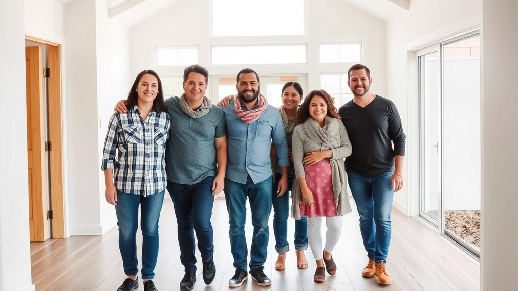 Diverse family standing together inside new home during walkthrough with satisfaction and pride visible on their faces