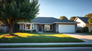 Modern suburban single-family home with manicured lawn, neutral exterior colors, morning sunlight, professional real estate photography style, no signage or text visible, residential neighborhood setting with mature trees