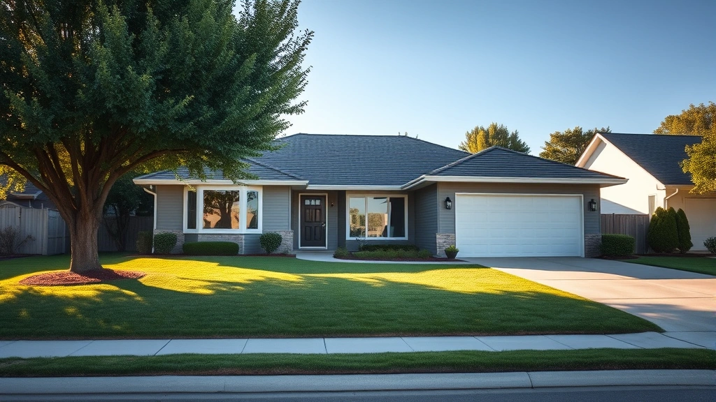 Modern suburban single-family home with manicured lawn, neutral exterior colors, morning sunlight, professional real estate photography style, no signage or text visible, residential neighborhood setting with mature trees