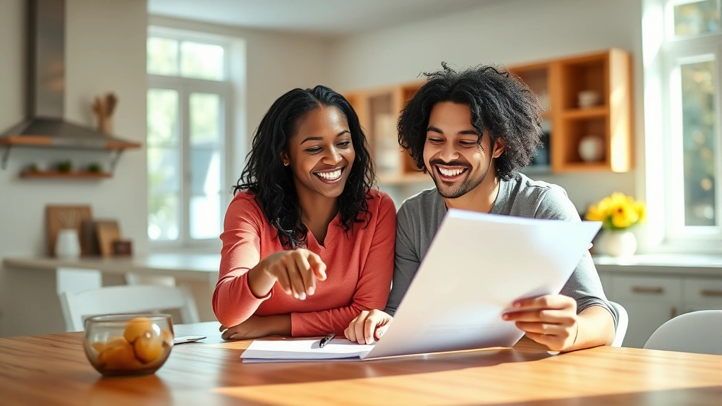 Young diverse couple reviewing documents at kitchen table in bright home interior, natural light streaming through windows, smiling and pointing at paperwork, contemporary kitchen visible in background, warm inviting atmosphere