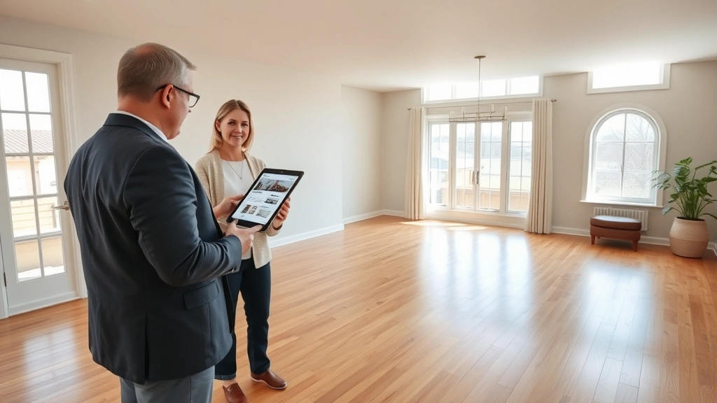 Real estate agent showing property listing on tablet to interested buyers standing in empty living room with hardwood floors, large windows with natural light, neutral paint colors, spacious open floor plan visible