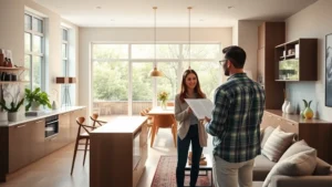 Professional real estate agent showing modern kitchen and living room to young couple during home viewing, bright natural lighting through large windows, contemporary finishes, warm inviting atmosphere, photorealistic