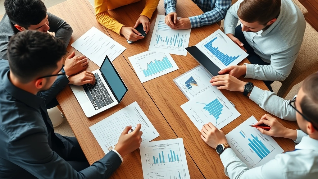 Diverse group of real estate investors reviewing property documents and market analysis charts at wooden conference table with laptops and calculators, focused professional environment, detailed financial paperwork visible