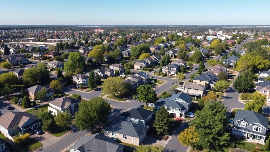 Aerial view of suburban neighborhood with single-family homes, tree-lined streets, modern construction, mixed architectural styles, clear blue sky, residential community development, photorealistic perspective