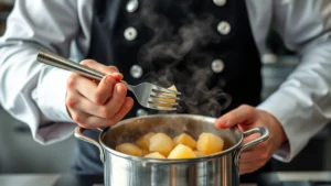 Professional chef testing boiled waxy potatoes with fork in commercial kitchen, steam rising from stainless steel pot, hands demonstrating proper doneness technique