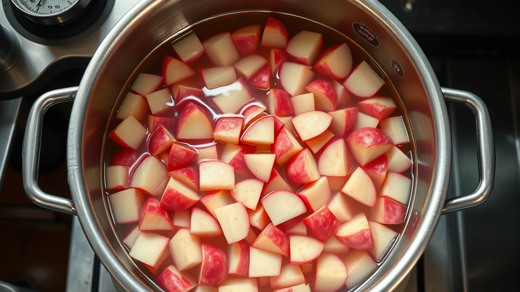 Overhead view of uniformly cut red potatoes in large commercial stainless steel kettle with clear water, kitchen thermometer visible, professional food service setting