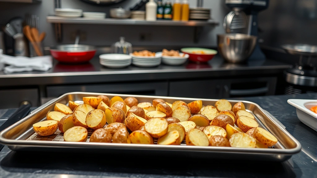 Freshly cooked potatoes cooling on sheet pan in commercial kitchen, proper spacing shown, professional plating station in background with mixing bowls and ingredients