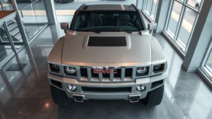Overhead view of GMC Hummer EV3 in silver parked in modern dealership showroom with glass windows, sleek concrete flooring, and contemporary lighting fixtures, photorealistic professional automotive photography