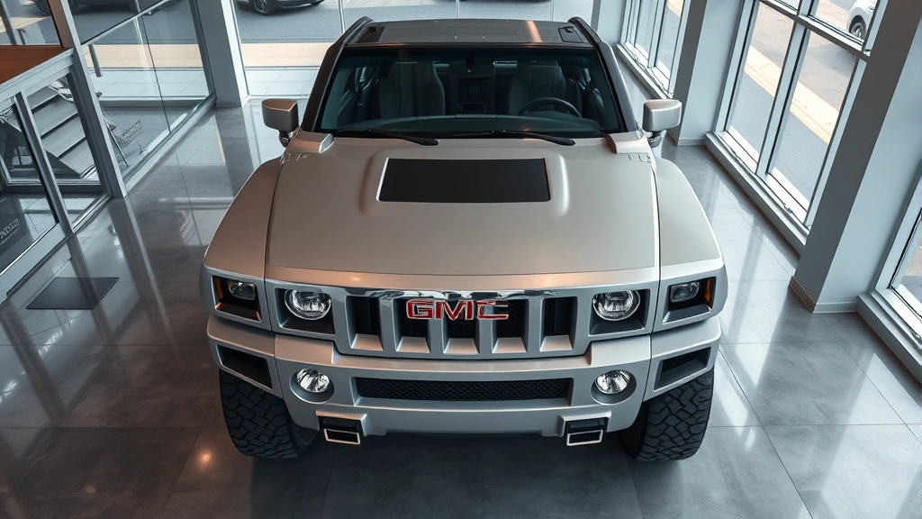 Overhead view of GMC Hummer EV3 in silver parked in modern dealership showroom with glass windows, sleek concrete flooring, and contemporary lighting fixtures, photorealistic professional automotive photography