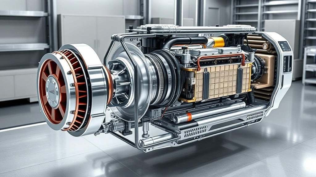 Close-up detail of Hummer EV tri-motor system and battery pack engineering components, cutaway technical illustration showing electric motor housing, cooling systems, and battery module arrangement in metallic laboratory setting