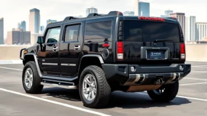 Professional photograph of a pristine black Hummer H2 SUV parked in a modern commercial parking lot with downtown skyline background, bright daylight, high-resolution automotive photography style