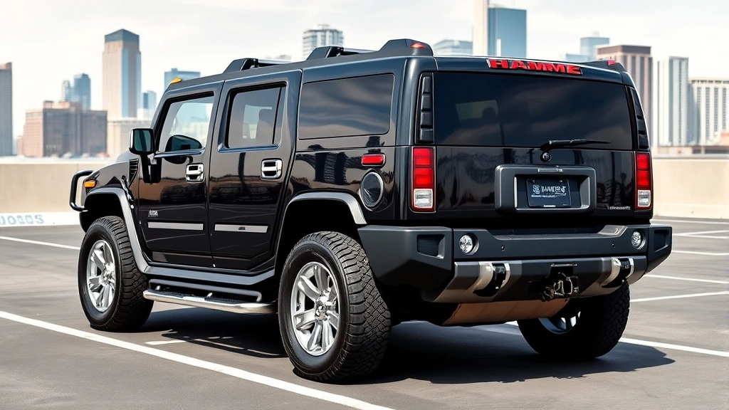 Professional photograph of a pristine black Hummer H2 SUV parked in a modern commercial parking lot with downtown skyline background, bright daylight, high-resolution automotive photography style