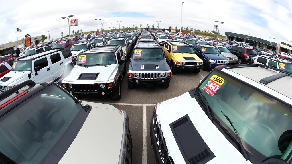 Wide-angle view of multiple used Hummer H2 vehicles displayed in a dealer lot with clear pricing visible on windshields, various colors and model years shown, professional automotive dealership setting