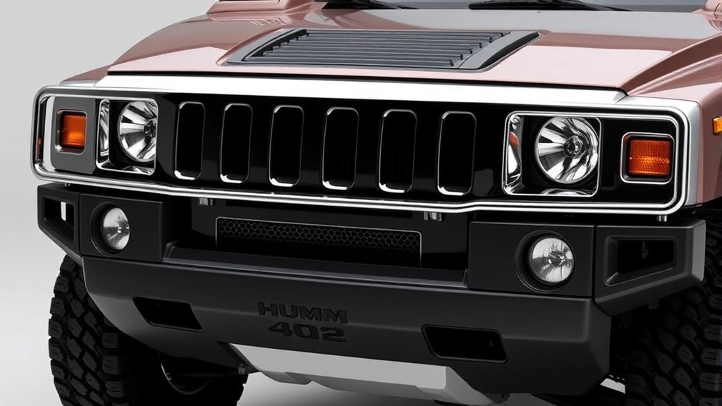 Close-up detail shot of Hummer H2 front grille and headlights showing distinctive design elements, photographed against neutral background, professional product photography style, no signage or text visible