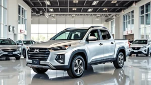 Professional automotive dealership showroom featuring a silver Hyundai Santa Cruz unibody truck positioned prominently under bright showroom lighting, with modern dealership interior, polished floors, and other vehicles visible in background, photorealistic high-quality image