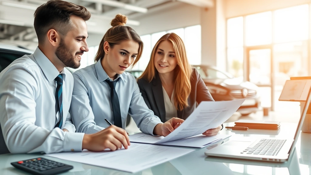 Business-focused image of automotive sales negotiation showing two professionals reviewing documents at a dealership desk with laptop and calculator visible, professional office environment, no visible text on documents, clean modern dealership setting