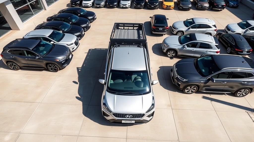 Overhead view of a Hyundai Santa Cruz compact truck in a modern dealership lot with multiple vehicles arranged in rows, clear sunny day, professional automotive photography, clean well-maintained lot environment