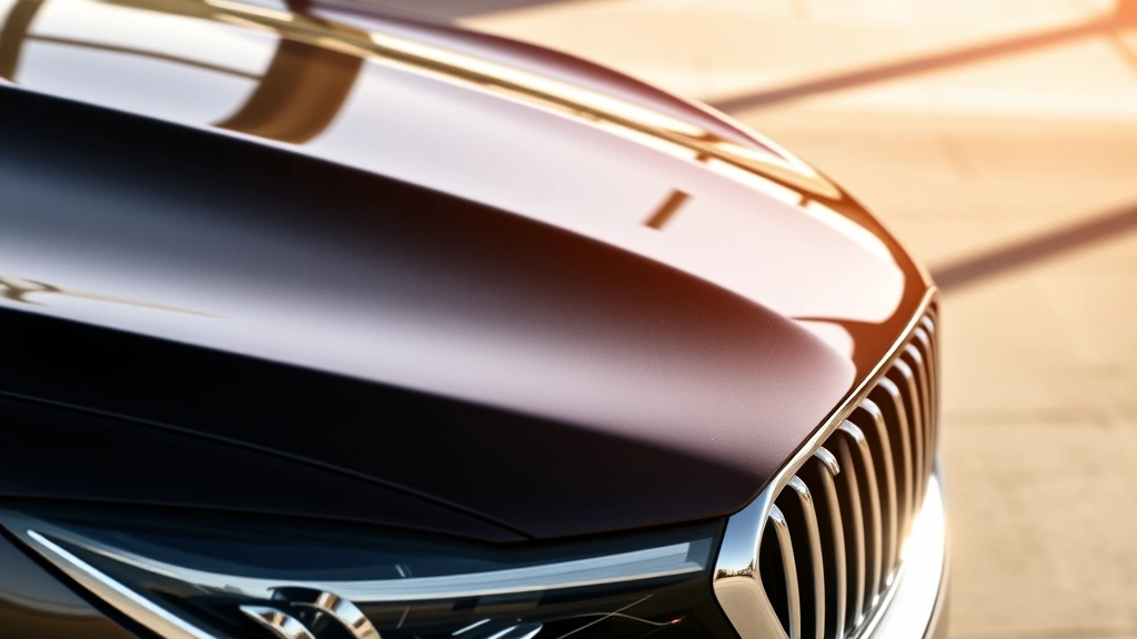 Luxury sedan exterior detail shot showing sleek hood lines and premium chrome accents in natural daylight, professional automotive photography style