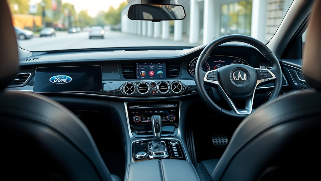 Interior dashboard view of modern luxury vehicle featuring touchscreen display, steering wheel controls, and premium leather upholstery without visible text or branding