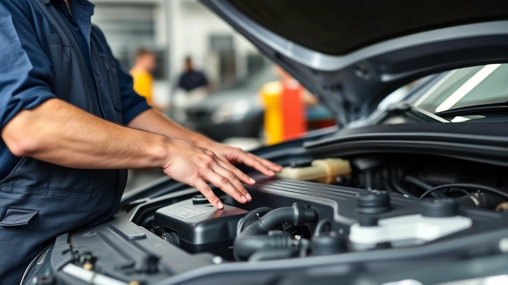 Mechanic performing vehicle inspection checking under hood components, hands examining engine bay, professional auto service facility setting
