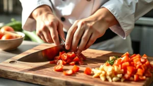 Professional chef's hands demonstrating precise knife technique while dicing fresh red tomatoes on a wooden cutting board, with diced vegetables arranged beside, natural kitchen lighting