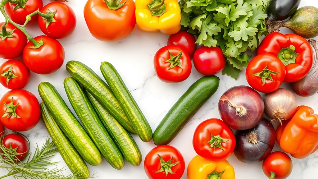 Fresh Mediterranean vegetables arranged in a colorful pattern, showcasing vibrant red tomatoes, green cucumbers, yellow bell peppers, and purple onions on a white marble surface