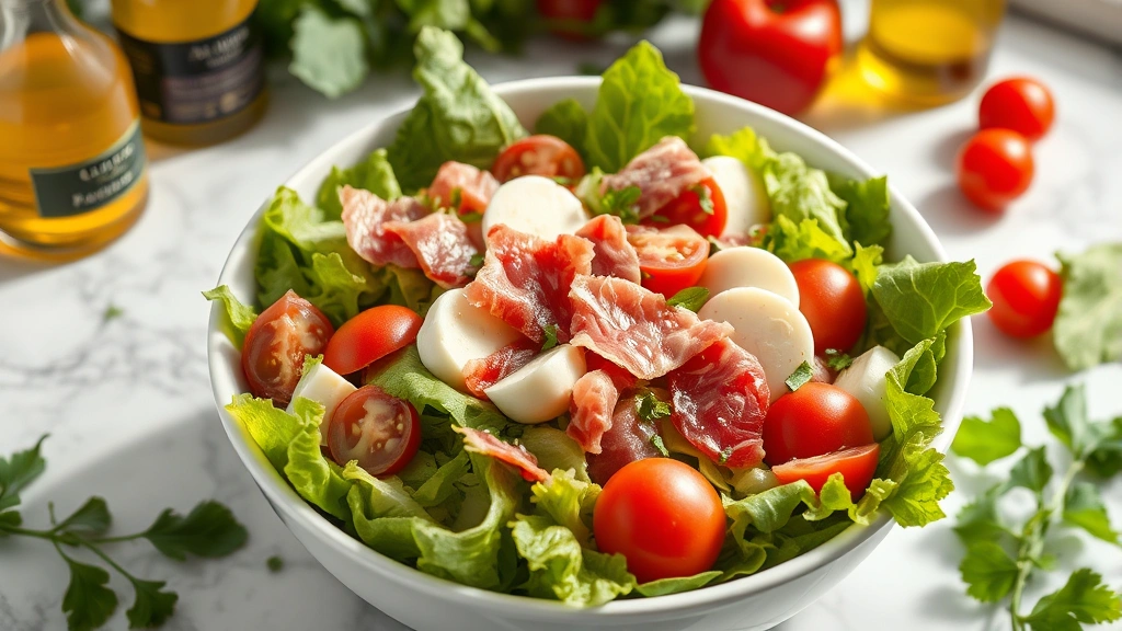 Fresh vibrant Italian chopped salad in white ceramic bowl with crisp romaine lettuce, radicchio, cherry tomatoes, mozzarella, and prosciutto, shot from above on marble countertop with olive oil bottle nearby, natural daylight, professional food photography