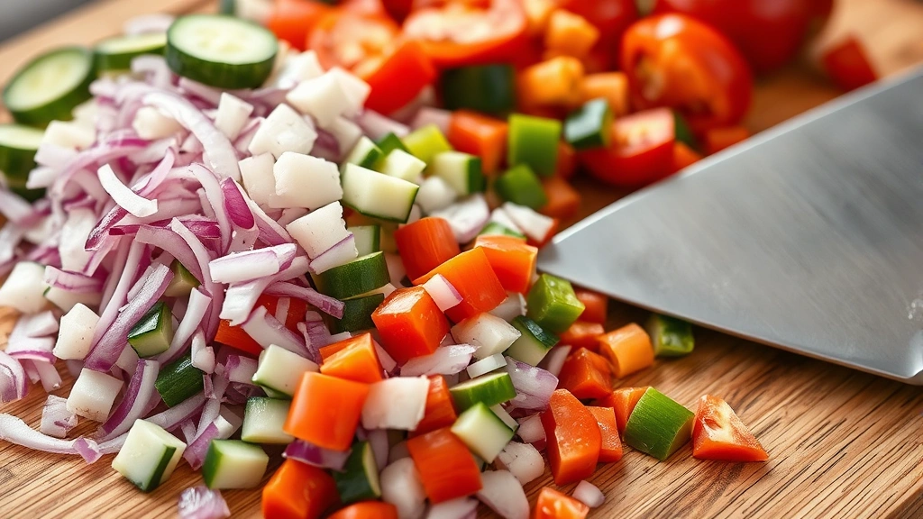 Close-up of diced Italian salad vegetables including red onion, cucumber, bell pepper, and tomato pieces arranged on wooden cutting board with chef's knife, showing uniform chopping technique and ingredient quality, bright kitchen lighting