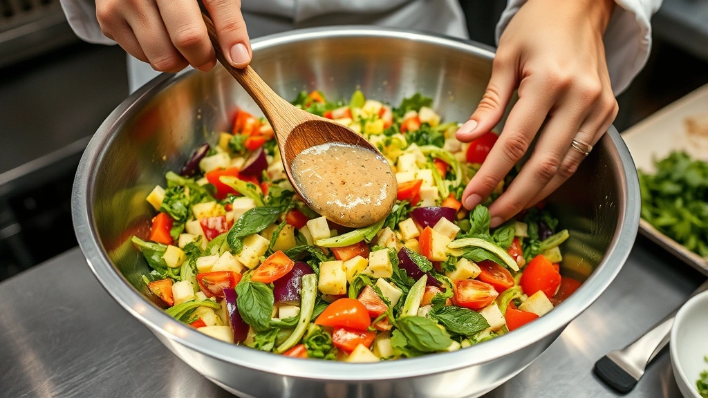 Italian chopped salad being tossed in large stainless steel bowl by chef's hands with wooden spoon, showing dressing coating vegetables evenly, commercial kitchen setting, action shot capturing movement and texture detail