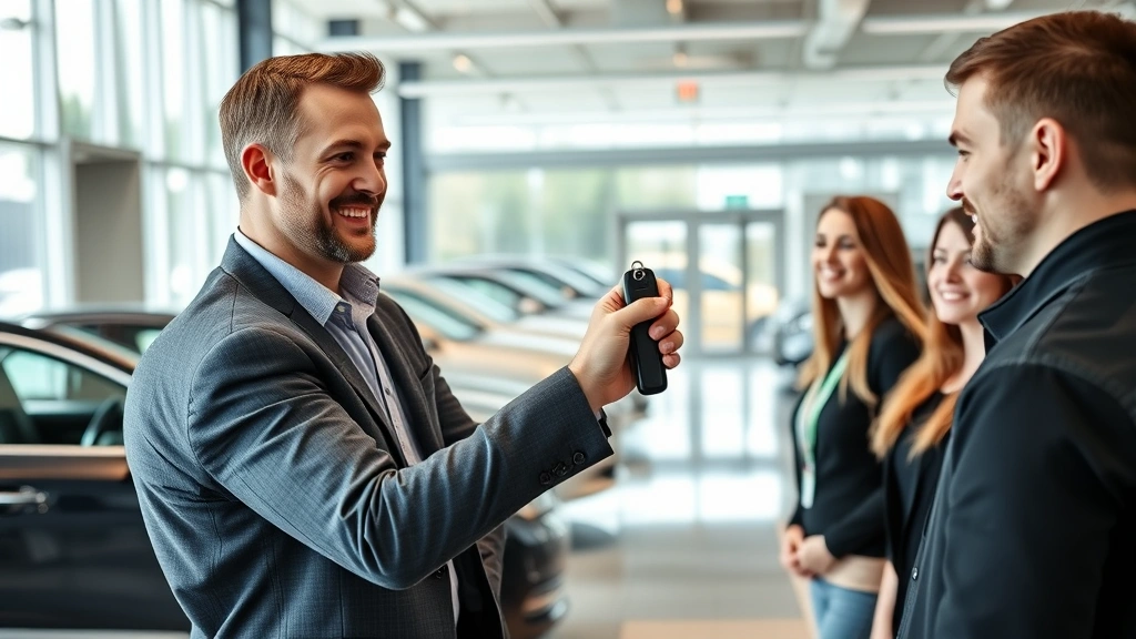 Professional automotive salesman presenting keys to satisfied customers in modern dealership showroom with bright natural lighting and contemporary interior design