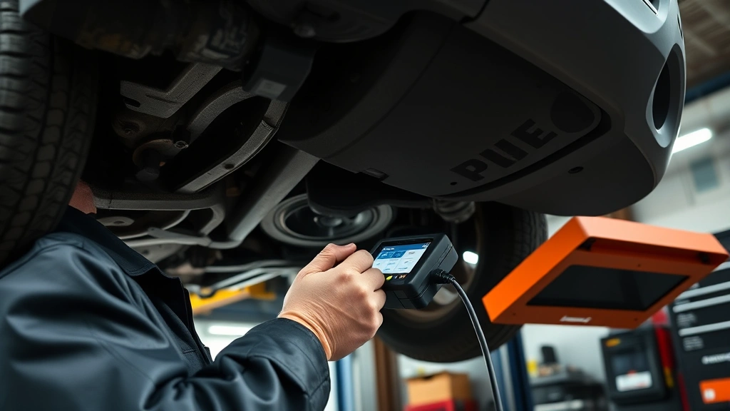Close-up of mechanic conducting thorough vehicle inspection underneath Jeep Cherokee using professional diagnostic equipment in well-lit service bay