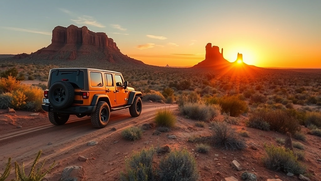 Texas landscape with rugged terrain showing Jeep Wrangler vehicle on dirt trail during golden hour sunset with desert vegetation and rock formations