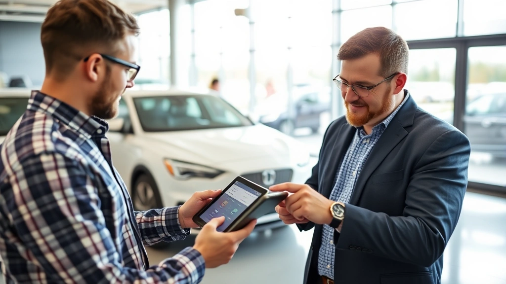 Dealership sales consultant reviewing digital tablet with customer in modern dealership office environment showing inventory management and vehicle configuration screens