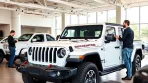 Professional automotive showroom interior with Jeep Gladiator pickup truck prominently displayed, modern lighting, clean environment, salesperson discussing features with customer