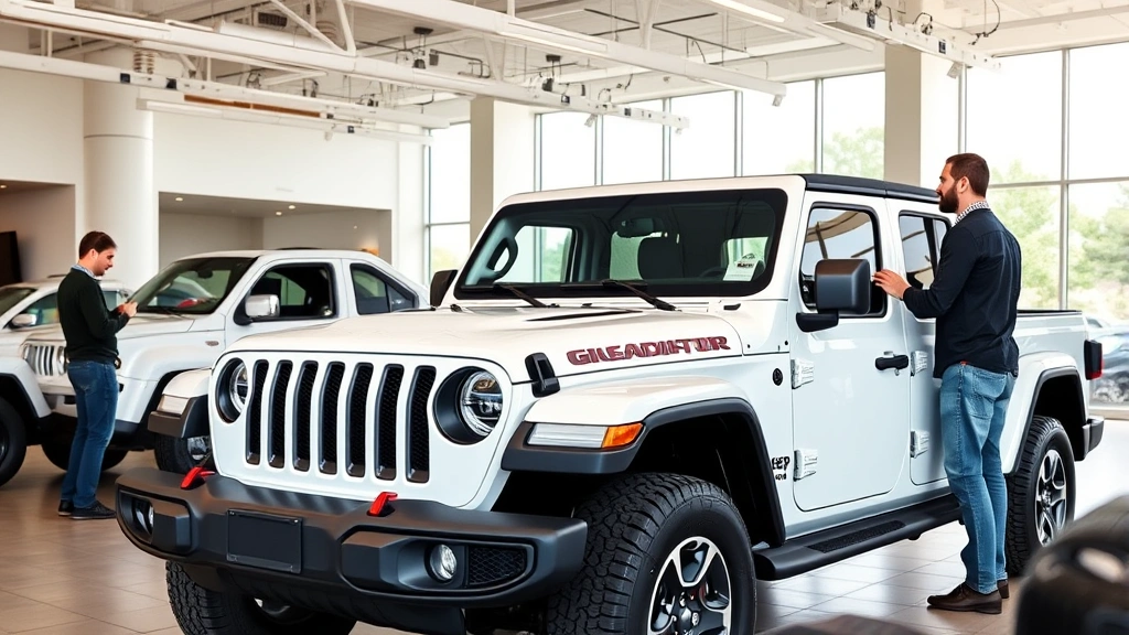 Professional automotive showroom interior with Jeep Gladiator pickup truck prominently displayed, modern lighting, clean environment, salesperson discussing features with customer