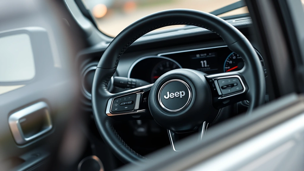 Close-up of Jeep Gladiator dashboard and steering wheel, high-quality interior details, modern technology interface visible, professional automotive photography
