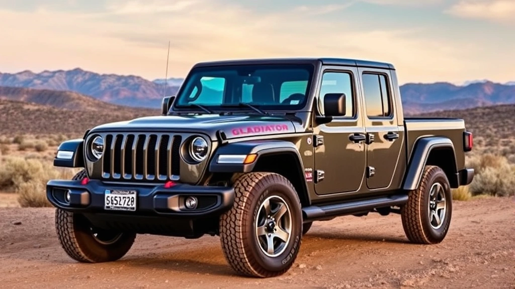 Jeep Gladiator parked in outdoor setting with scenic backdrop, rugged terrain visible, vehicle exterior showcasing design and capability, daytime lighting